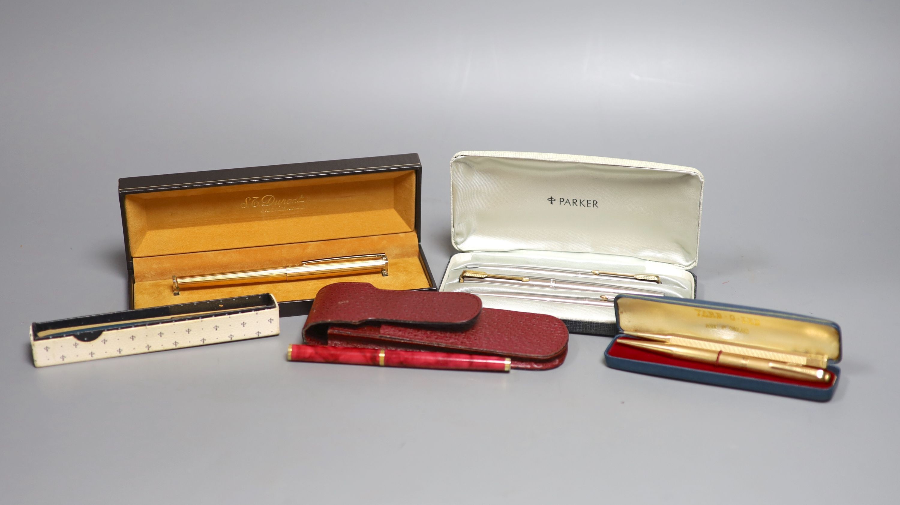 A Parker pen trio, boxed Parker fountain pen, other pens and pencils